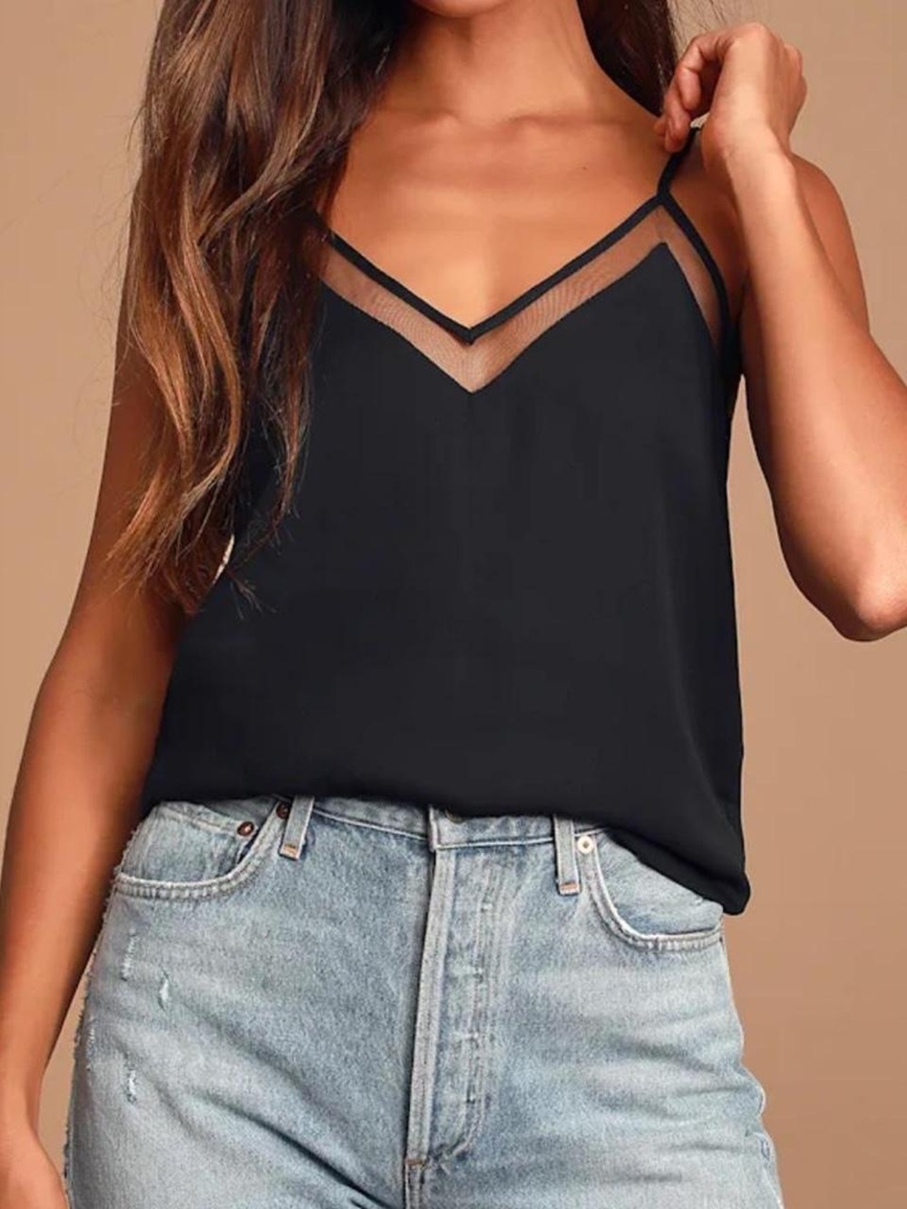 Lulus Black Mesh Detail Cami Tank Top XS Adjustable Straps Sheer Trim